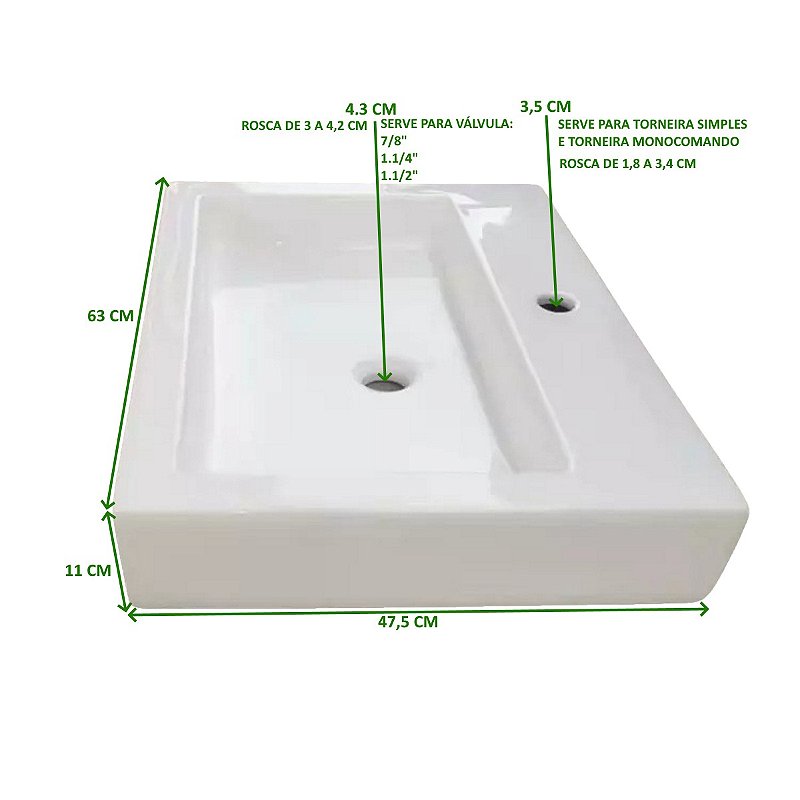 Cuba Sobrepor de cerâmica para banheiro/lavabo 63x47x11 cm